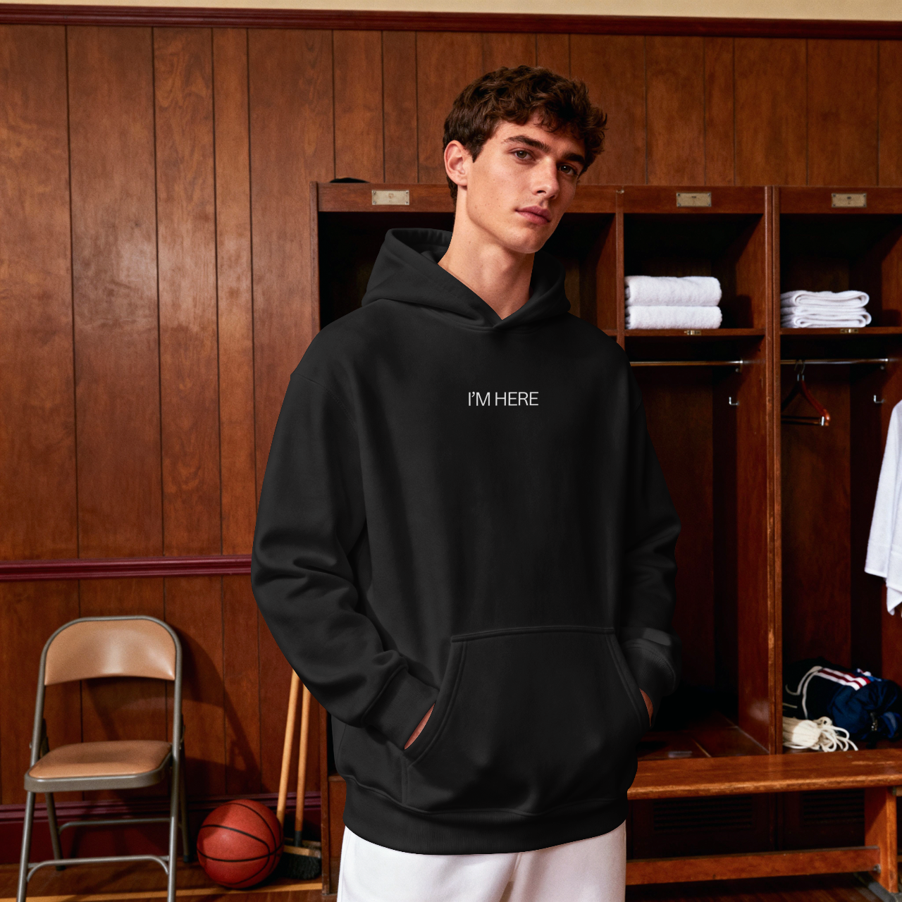 Hoodie — Minimal "I'M HERE" Graphic Pullover