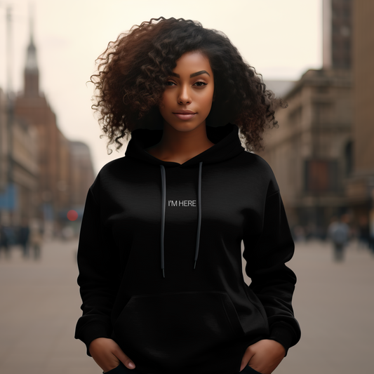 "I'M HERE" — Minimalist Black Pullover Hoodie