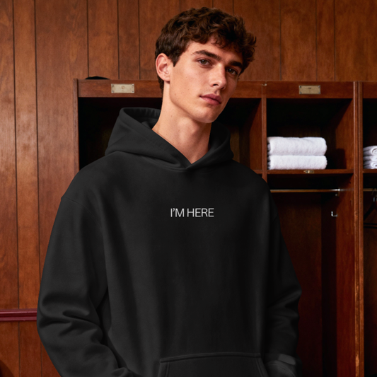 "I'M HERE" — Minimalist Black Pullover Hoodie